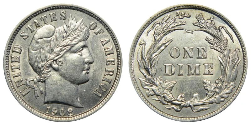 1908-O New Orleans Barber dime obverse showing Liberty head and reverse showing O mint mark below wreath bow