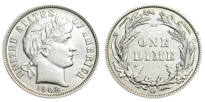 Side-by-side comparison of 1908 Philadelphia no-mint-mark dime versus 1908-O New Orleans semi-key dime reverses