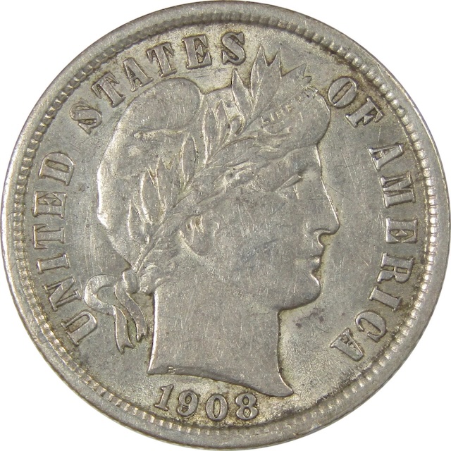 1908 Philadelphia Barber dime FS-301 Repunched Date error showing doubled date digits
