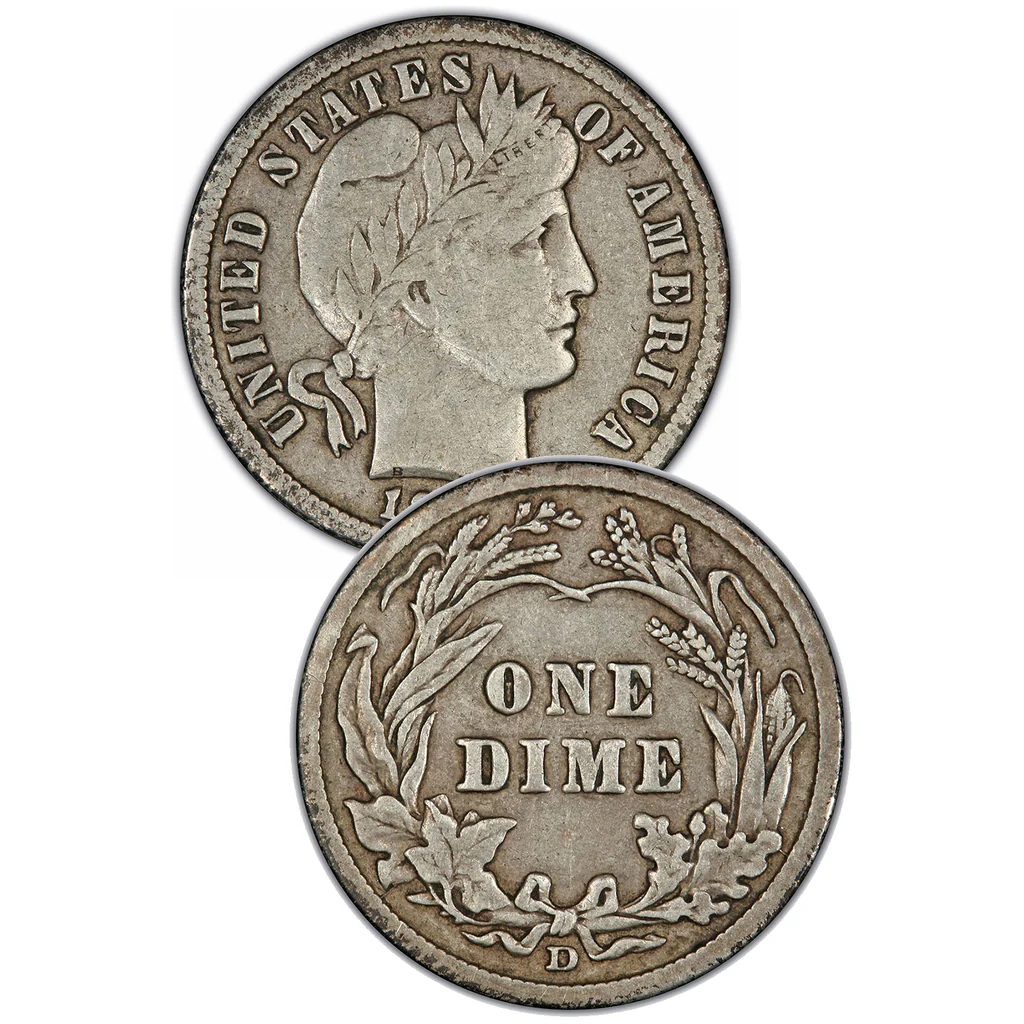 1908-D Denver Barber dime FS-307 Repunched Date error close-up of date digits showing doubling