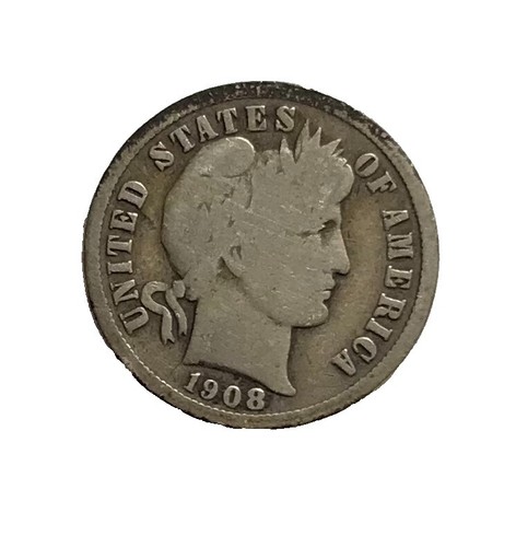 1908 Barber dime off-center strike error showing crescent blank planchet and visible date