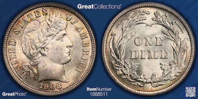 Four 1908 Barber dimes from Philadelphia, Denver, New Orleans, and San Francisco mints shown side by side