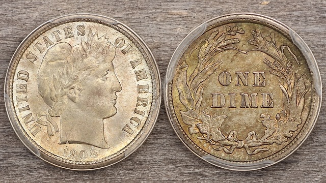 1908 Barber dime grading strip showing four condition tiers from Good through Mint State